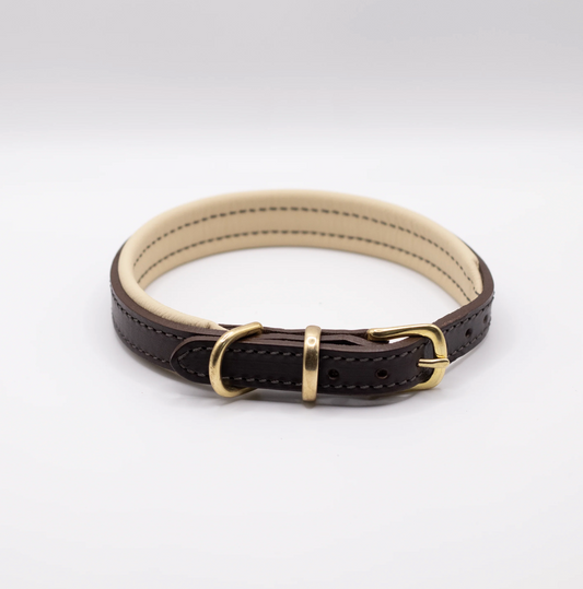 Padded Leather Dog Collar Brown and Cream