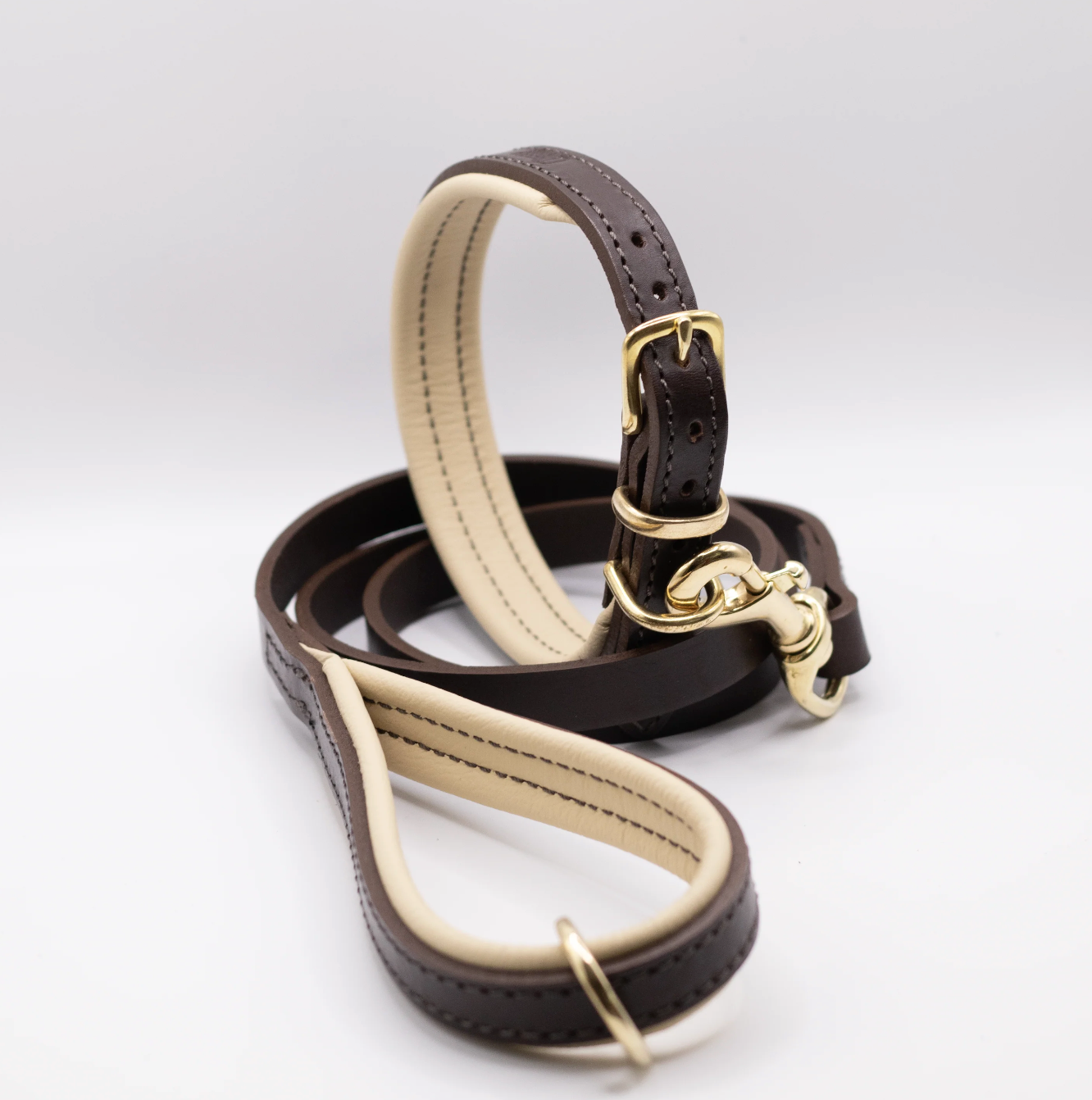 Padded Leather Dog Collar Brown and Cream