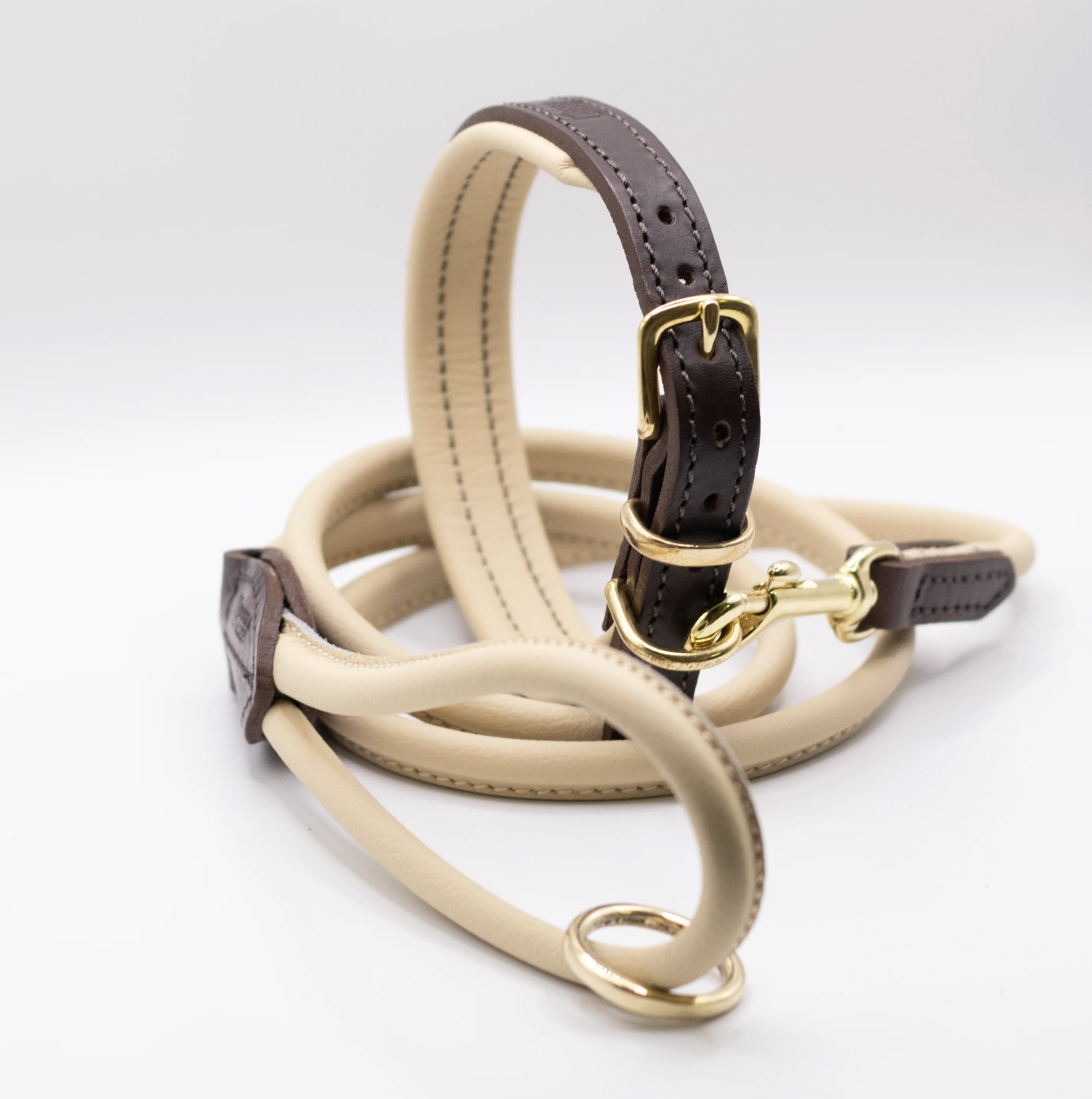 Padded Leather Dog Collar Brown and Cream