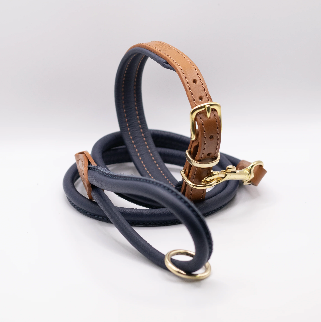 Padded Leather Dog Collar Tan and Navy