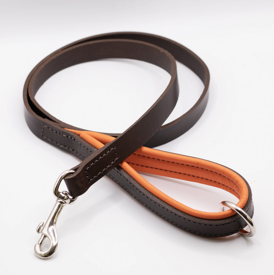 Padded Leather Dog Lead Brown and Orange