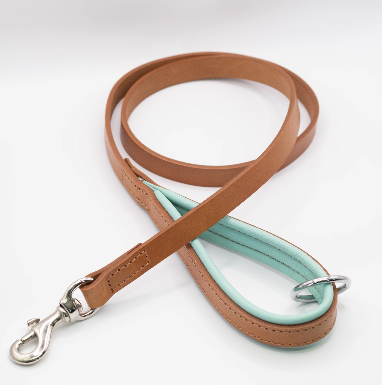 Padded Leather Dog Lead Tan and Aqua