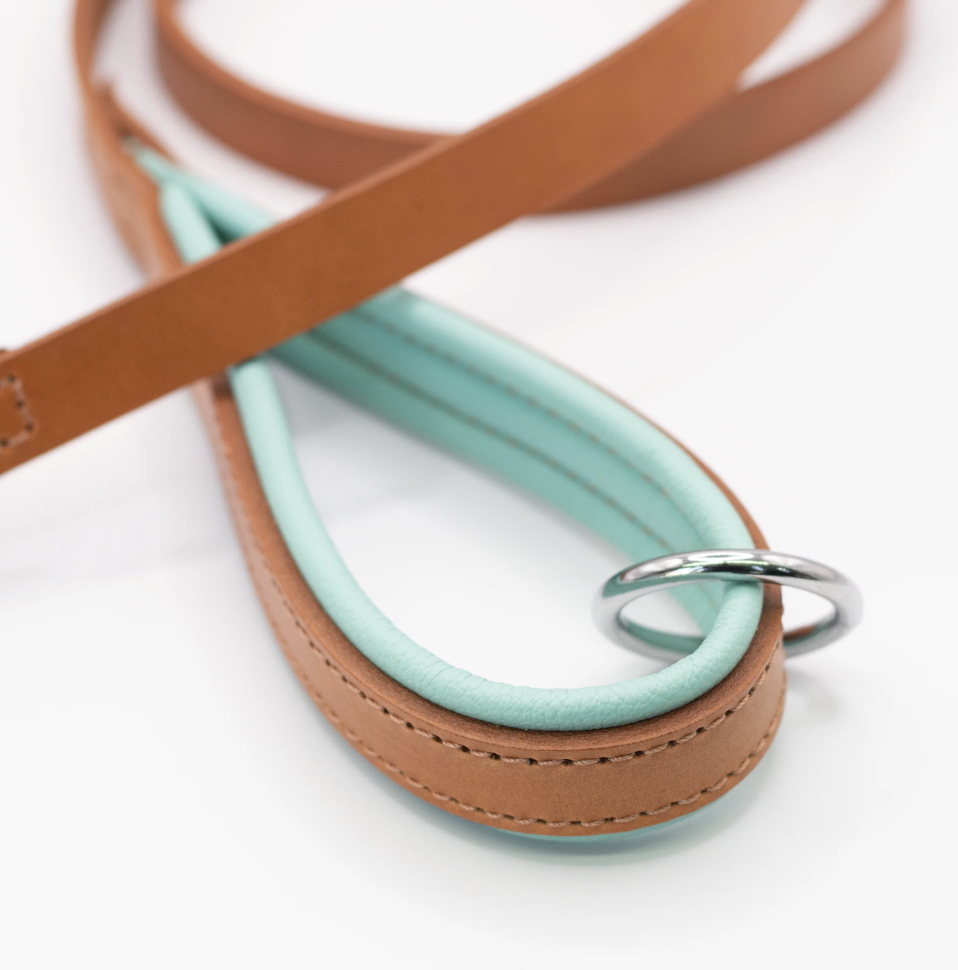 Padded Leather Dog Lead Tan and Aqua